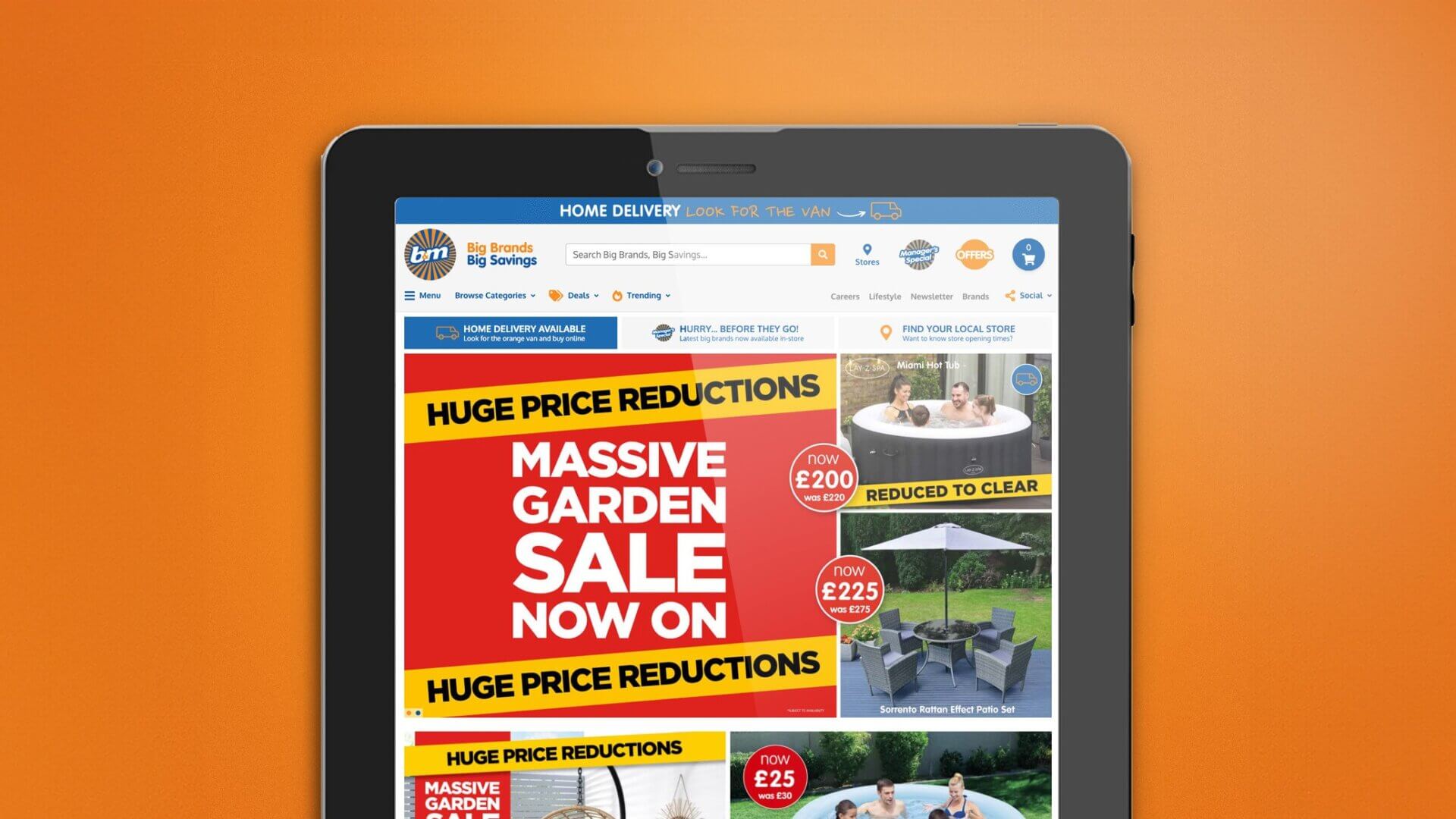 B&M website displayed on an iPad with an orange background
