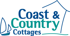 Coast & Country Cottages logo with blue and green text, a sailboat on the left, and a house outline on the right.